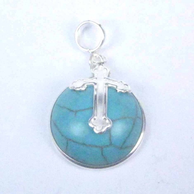 Pend. Oval stone 16mm. with Cross Turquoise