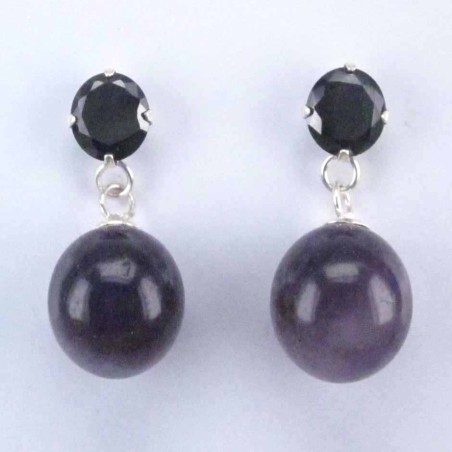 Earring Ball 10mm.Ametisth +C.Z. Black 6mm.