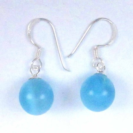 Earring Ball 10mm. Hook Cat Eye Stone Aqua Color