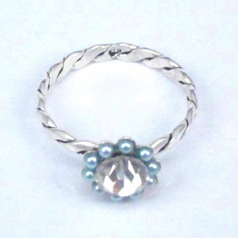 Ring Flower crystal+micro pearl aqua color