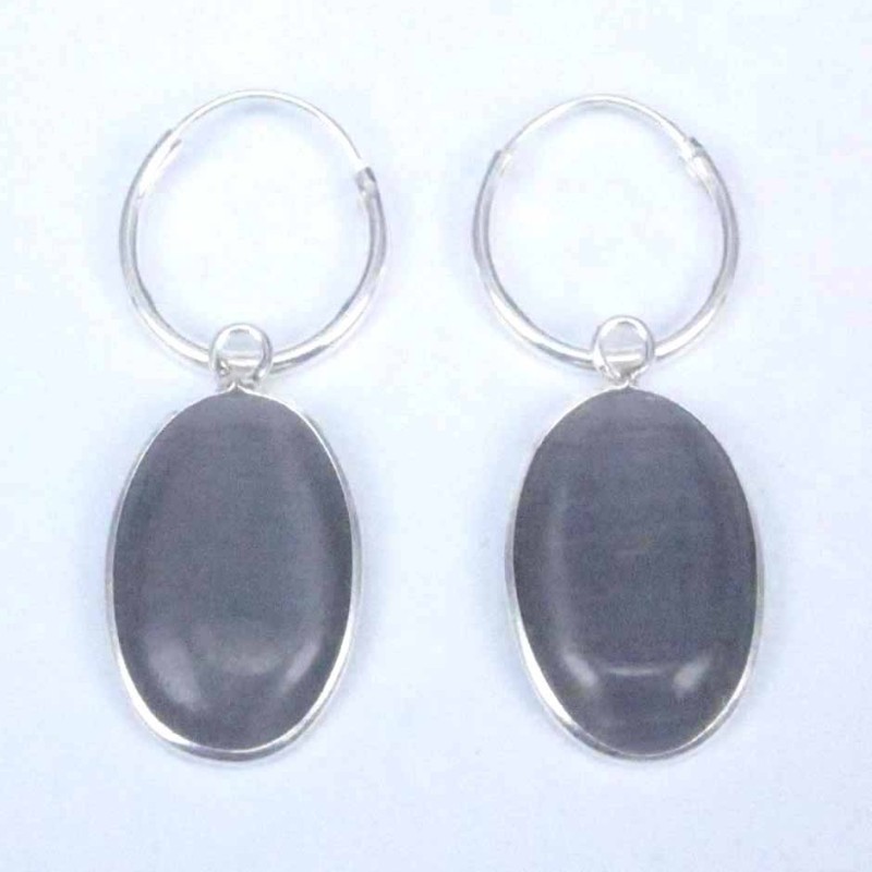 Earring Oval 10x14mm. Cat Eye Black Stone Hoop