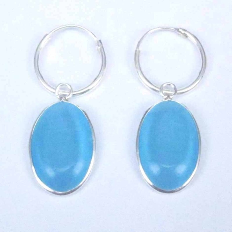 Earring Oval 10x14mm. Cat Eye Blue Stone Hoop