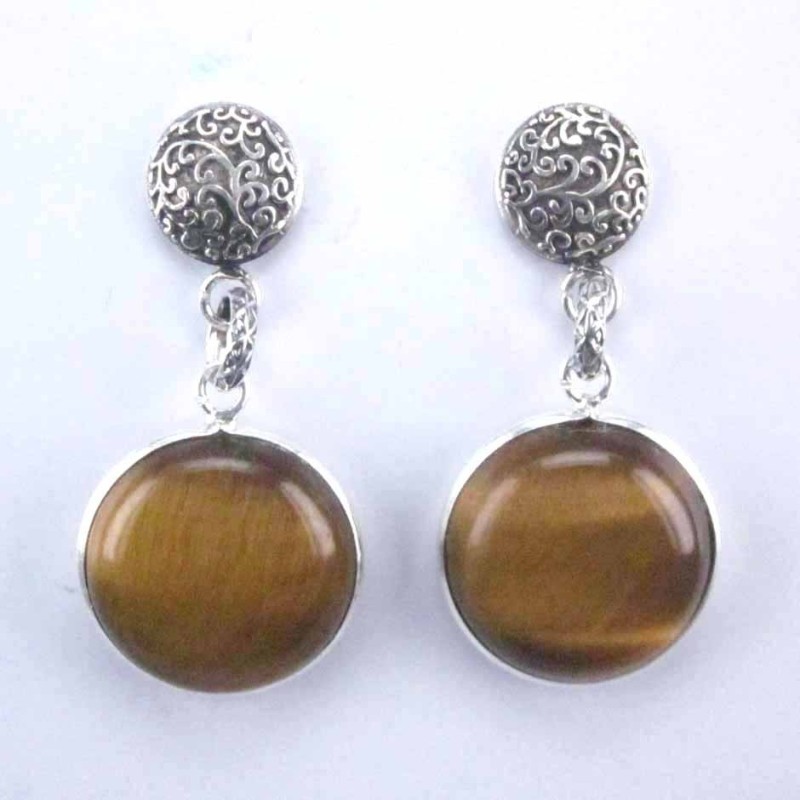 Earring Round +round 16mm. Tiger Eye Stone