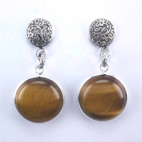 Earring Round +round 16mm. Tiger Eye Stone