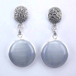 Earring Round +round 16mm.Cat Eye Grey Color