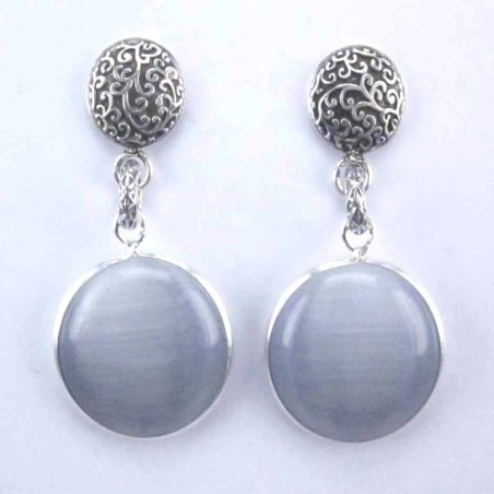 Earring Round +round 16mm.Cat Eye Grey Color