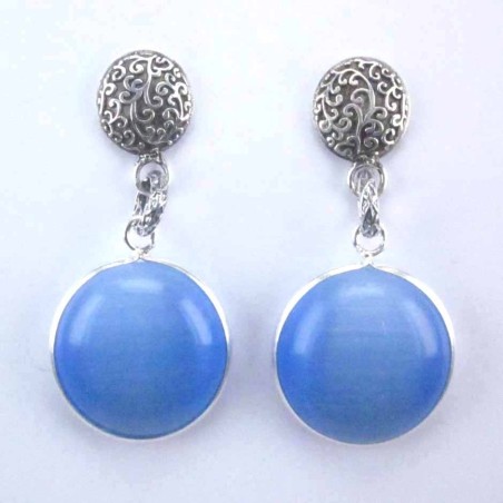 Earring Round +round 16mm.Cat Eye Blue Color