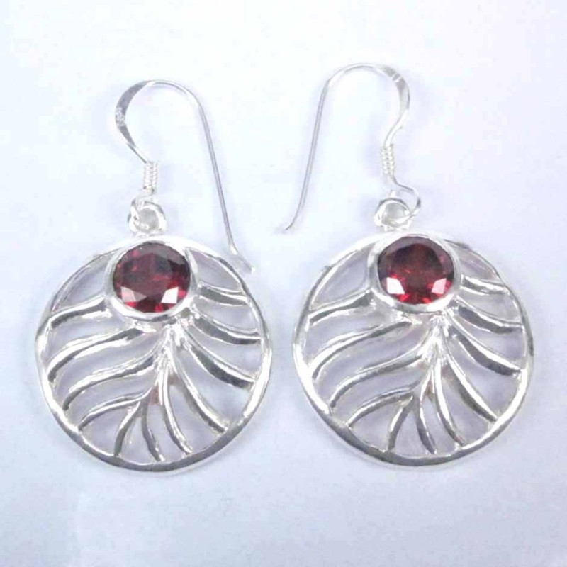 Earring Round Garnet 12x16mm. hook