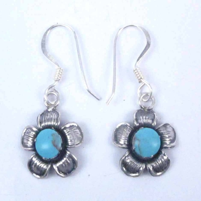 Earring Flower Hook Green Turquoise Stone Color