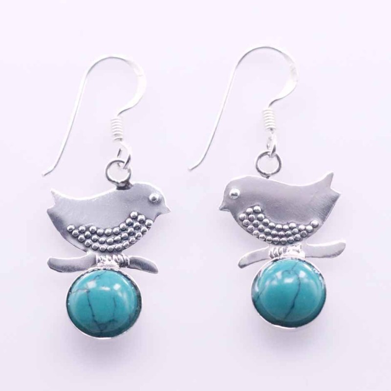 Earring Bird with 8mm. Turquoise Color Stone