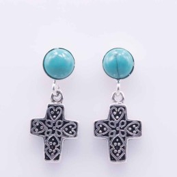 Earring Round 6mm.+ Cross 10x12mm. Torquoise Stone