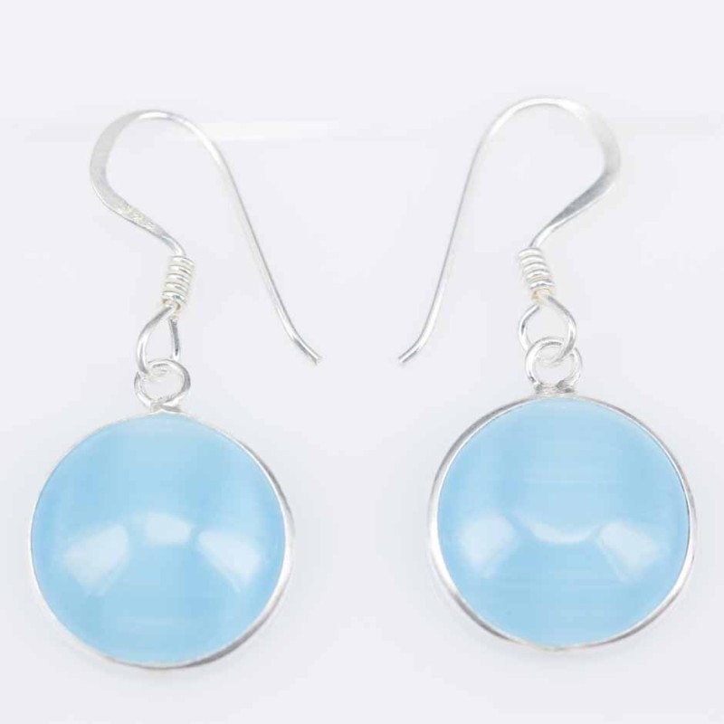 Earring Round 13mm. Cat Eye Aqua Color