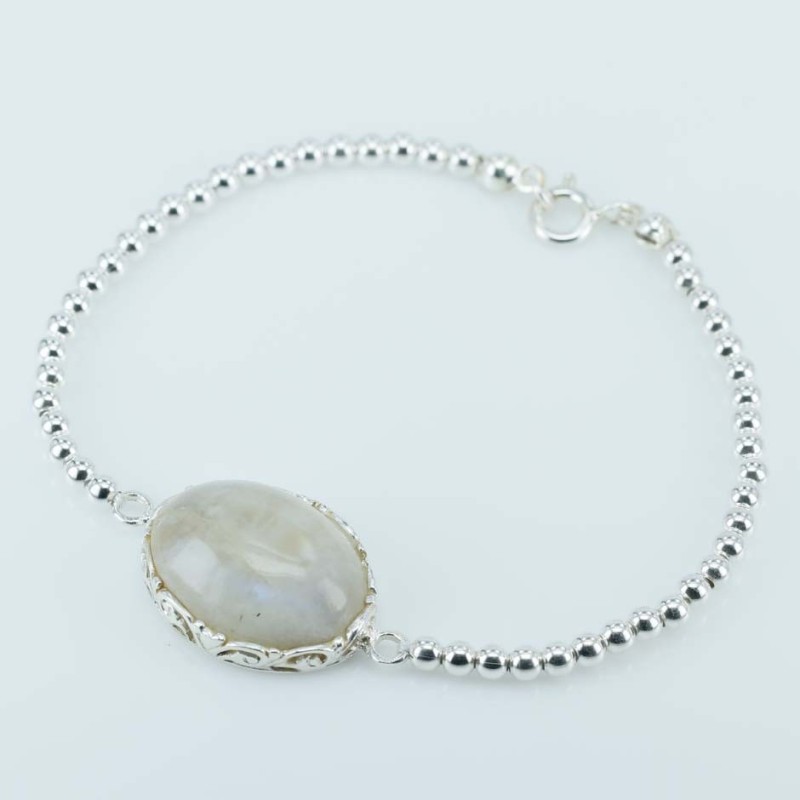 Bracelet Ball 3mm. plain + Oval Moon Stone