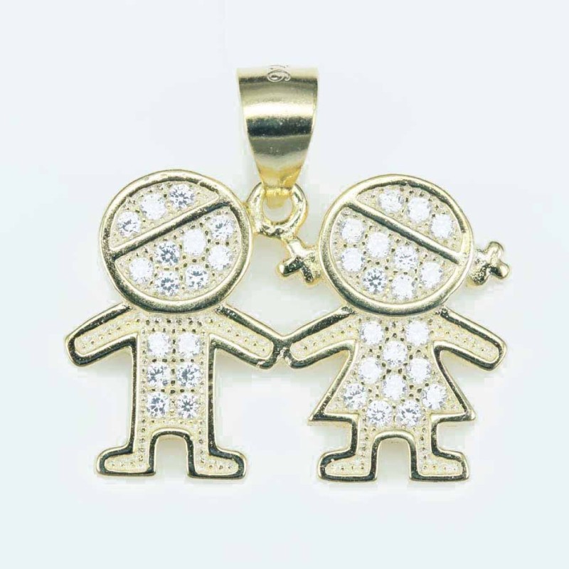 Pendant Boy & Girl 15x21mm. Circonia gold color