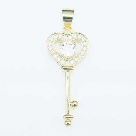 Pendant Heart key 13x30mm. Circonia gold color