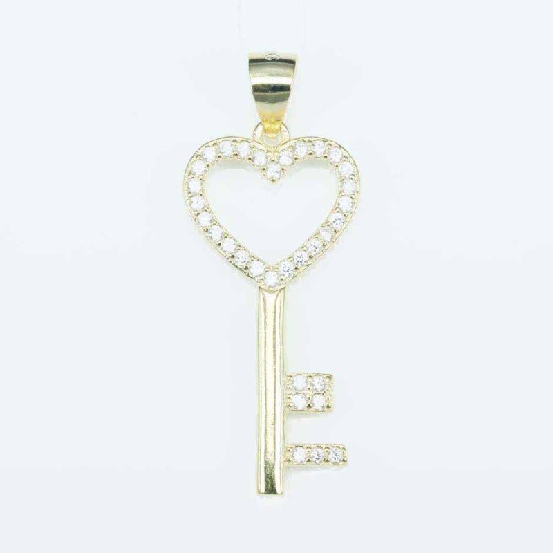 Pendant Heart Key 13x29mm. Circonia gold color