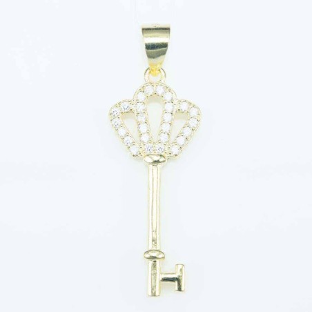 Pendant Crown Key 12x30mm. Circonia gold color