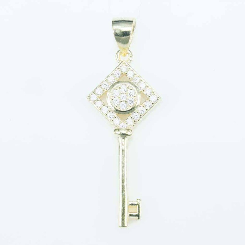 Pendant Square key 13x30mm. Circonia gold