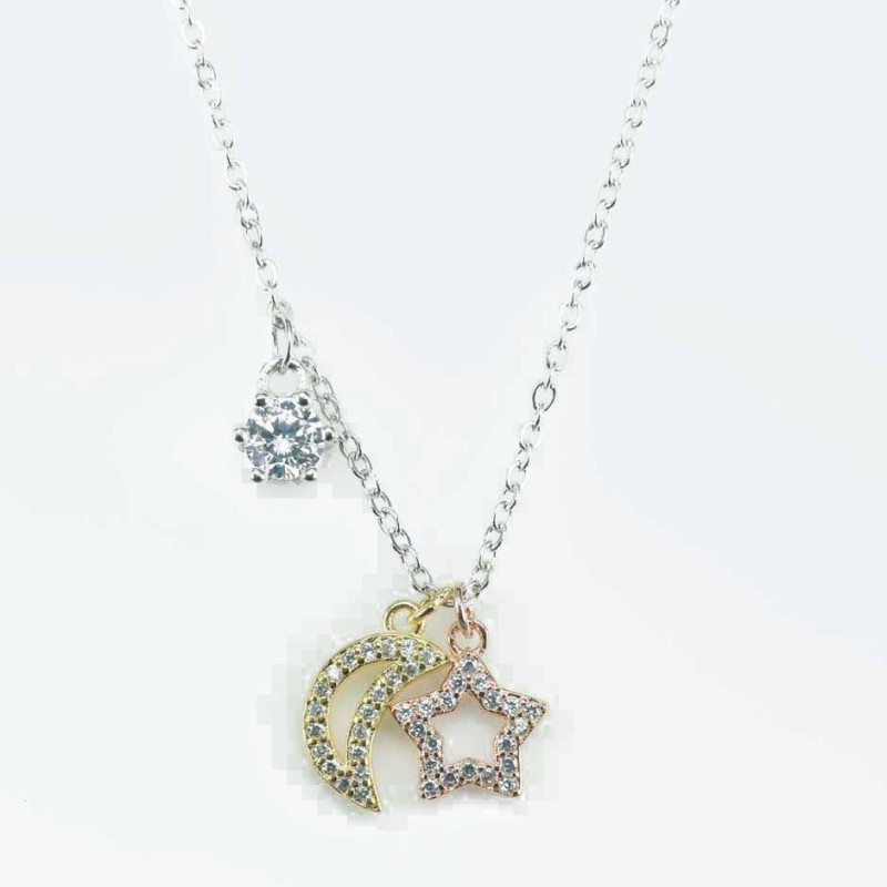 Necklace Star+moon 6x11mm. Circonia Silver 3,Color