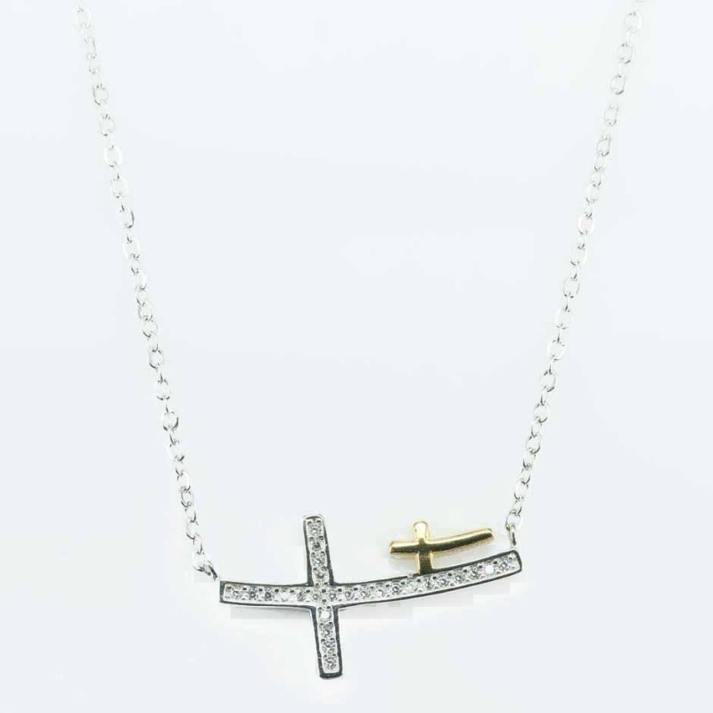Necklace Cross 13x25mm. Circonia Silver with Gold
