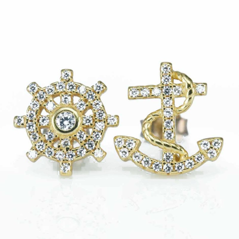 Earring Wheel Anchors 10+11mm. Circonia Gold Earring Wheel Anchors 10+11mm. Circonia Gold
