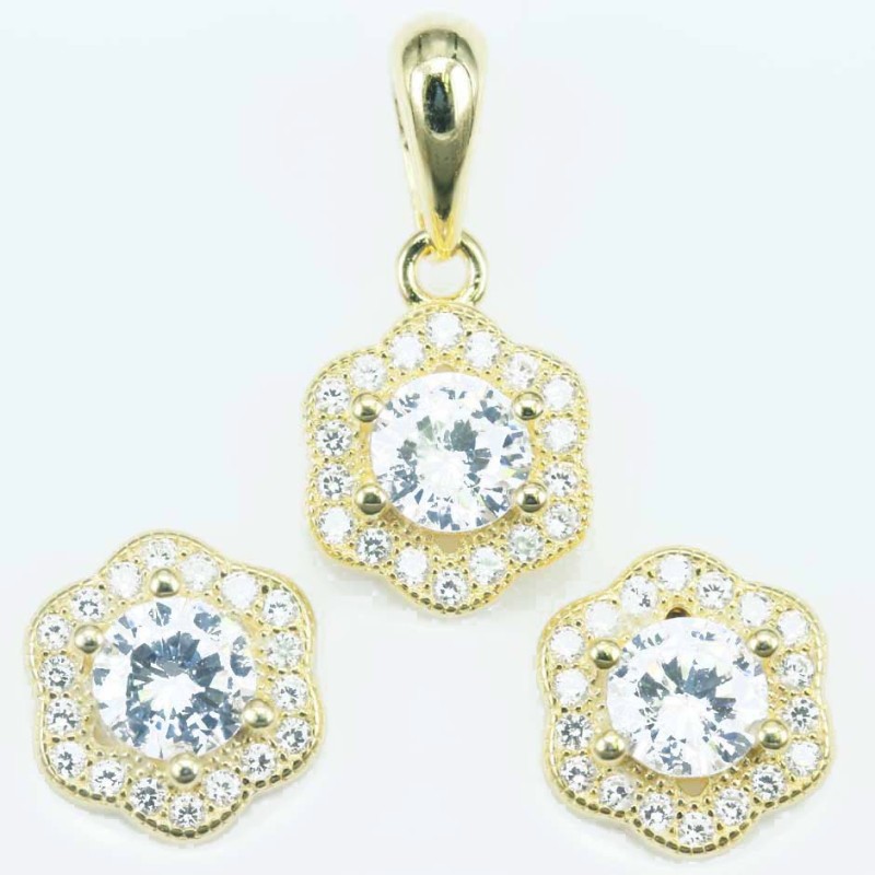 Set Ea+Pend  Flower 9mm. Circonia  Gold