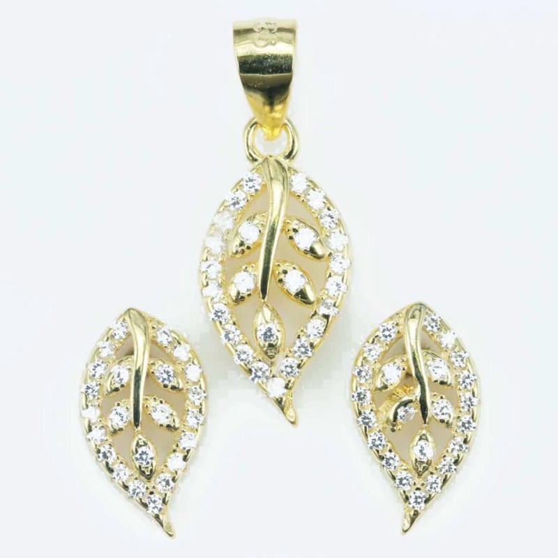 Set Ea+Pend  Leaf 7x12+8x17mm. Circonia  Gold