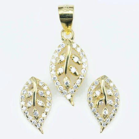 Set Ea+Pend  Leaf 7x12+8x17mm. Circonia  Gold