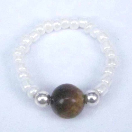 Ring Crystal White 3mm.+Ball 6mm. Tiger Eye Stone