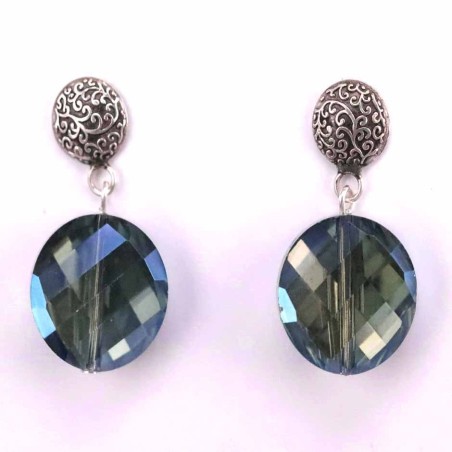 Earring Crystal Elements Round Drack Blue