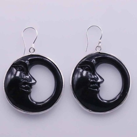 Earring Round Moon 30mm. Black Resin